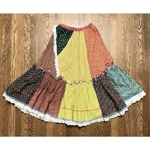 Vintage 1970s Patchwork Wrap Skirt Ruffle Trim Maxi 24-26” Hippie French Creek